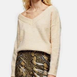Topshop Oat Knitted Brushed Bardot V-neck